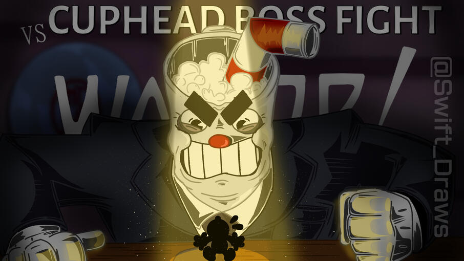 This is a Fanart I made of Cuphead where I dipicted the puppet used in the new Cuphead games reveal that suspiciously look like cuphead as his older version, and I dipicted it as a boss fight with a fanfic context in the post I sent on Twitter...ect